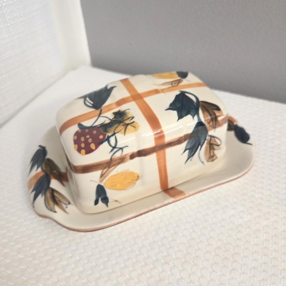 Vtg Nasco Covered Butter Dish Fruit Plaid Serving Plate Ceramic Harvest Fall
